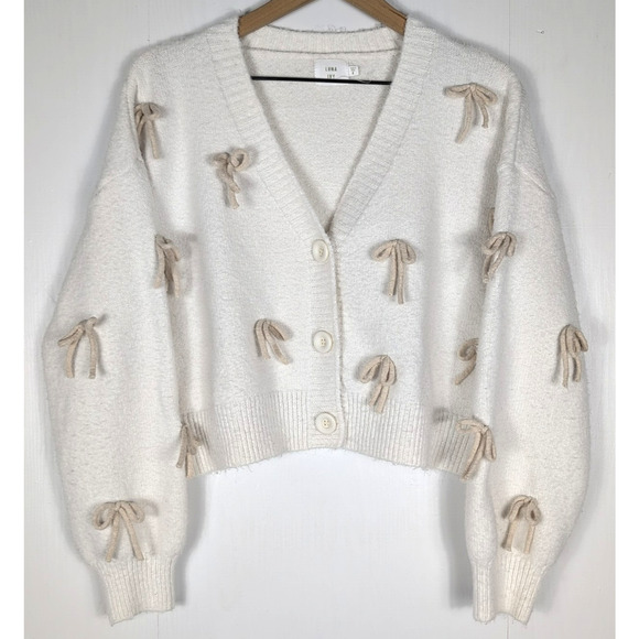 Luna Ivy Sweaters - Luna + Ivy Cardigan Sweater Women’s S Ivory Cream 3D Bow Applique Cropped Knit